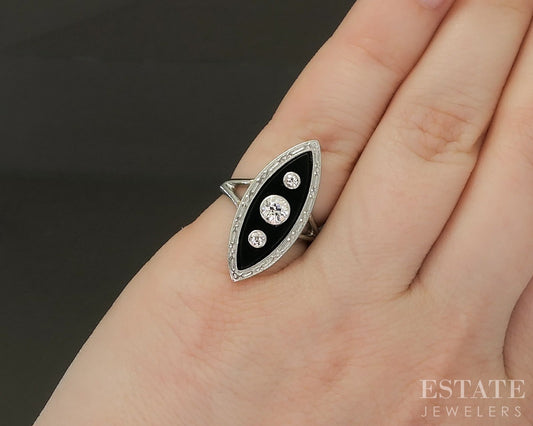 Edwardian 18k Platinum OEC Natural Diamond & Black Onyx Navette Ring 4.8g p24720