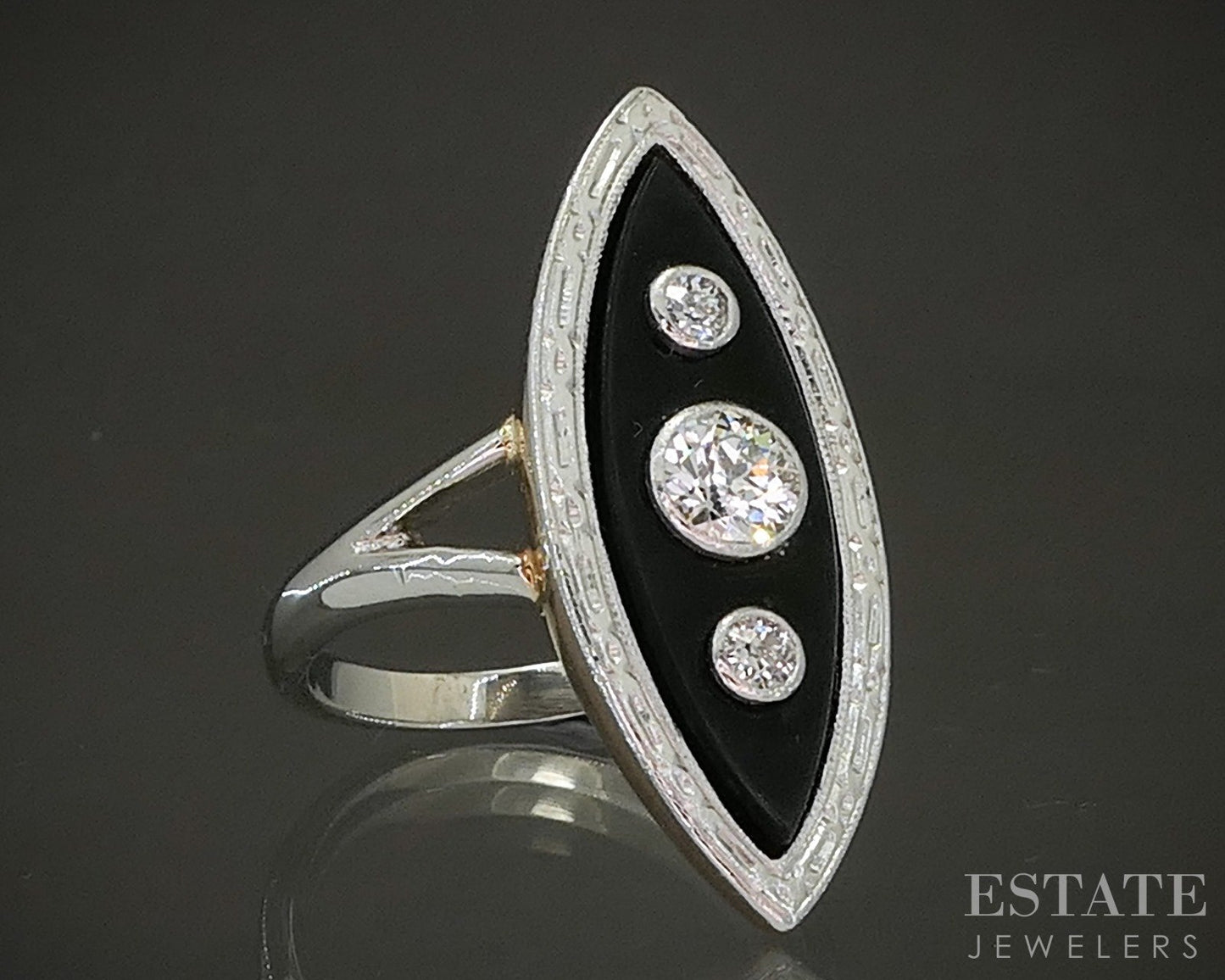Edwardian 18k Platinum OEC Natural Diamond & Black Onyx Navette Ring 4.8g p24720