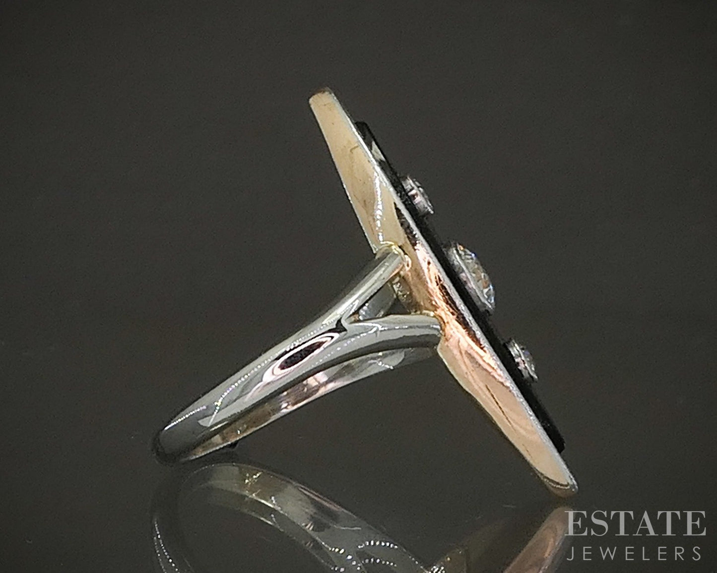Edwardian 18k Platinum OEC Natural Diamond & Black Onyx Navette Ring 4.8g p24720