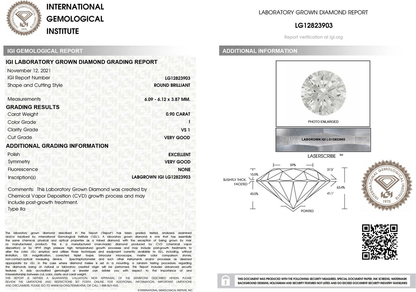 Loose .90ct Round Cut IGI Certified Lab Created Diamond VS1/I p25478