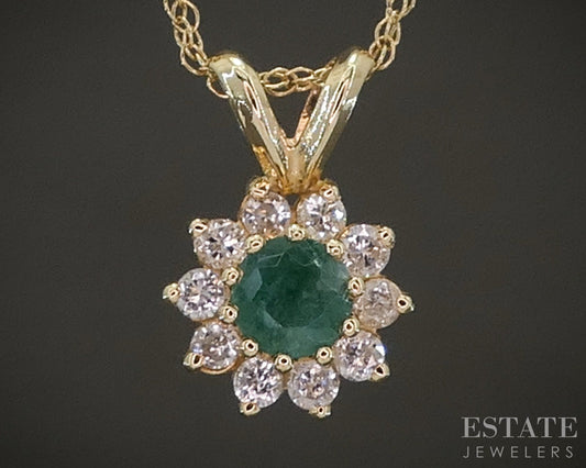 14k Yellow Gold Natural Emerald & Diamond Ladies Necklace 1.1g 18"L p23451