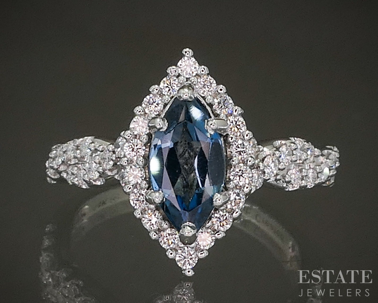 14k White Gold Blue Topaz & Lab Created Diamond Ladies Ring 4.6g p23156
