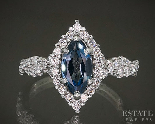 14k White Gold Blue Topaz & Lab Created Diamond Ladies Ring 4.6g p23156
