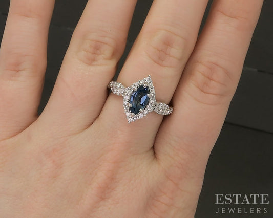 14k White Gold Blue Topaz & Lab Created Diamond Ladies Ring 4.6g p23156