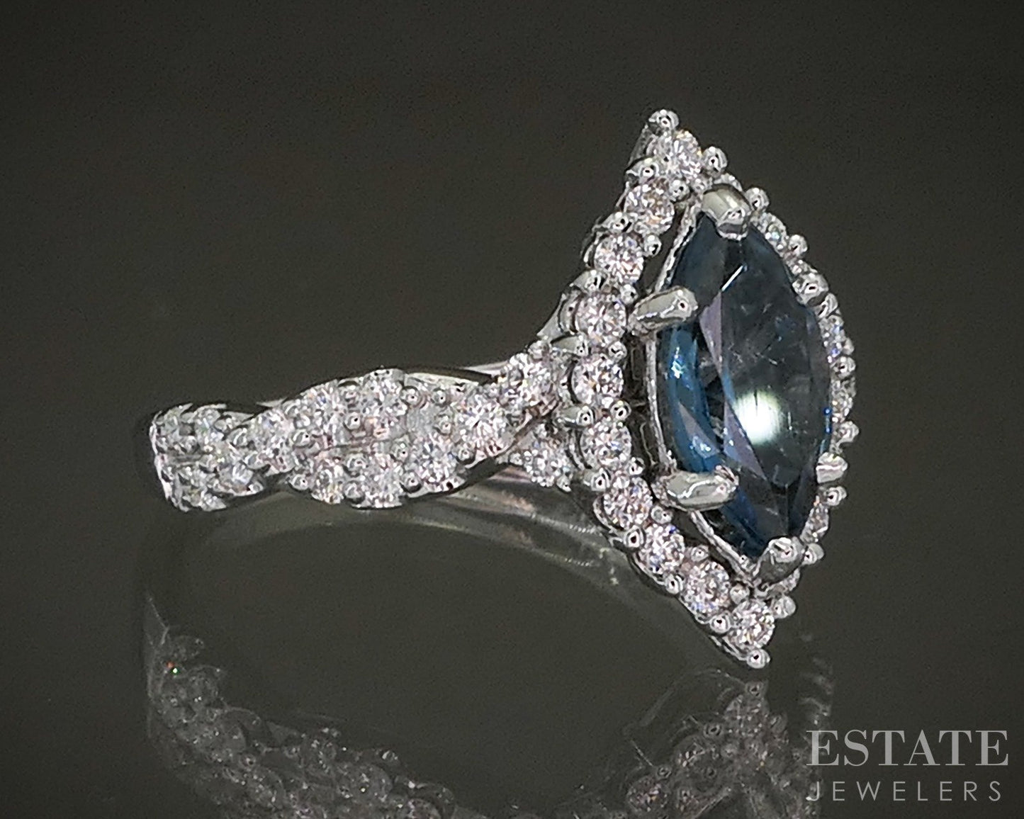 14k White Gold Blue Topaz & Lab Created Diamond Ladies Ring 4.6g p23156