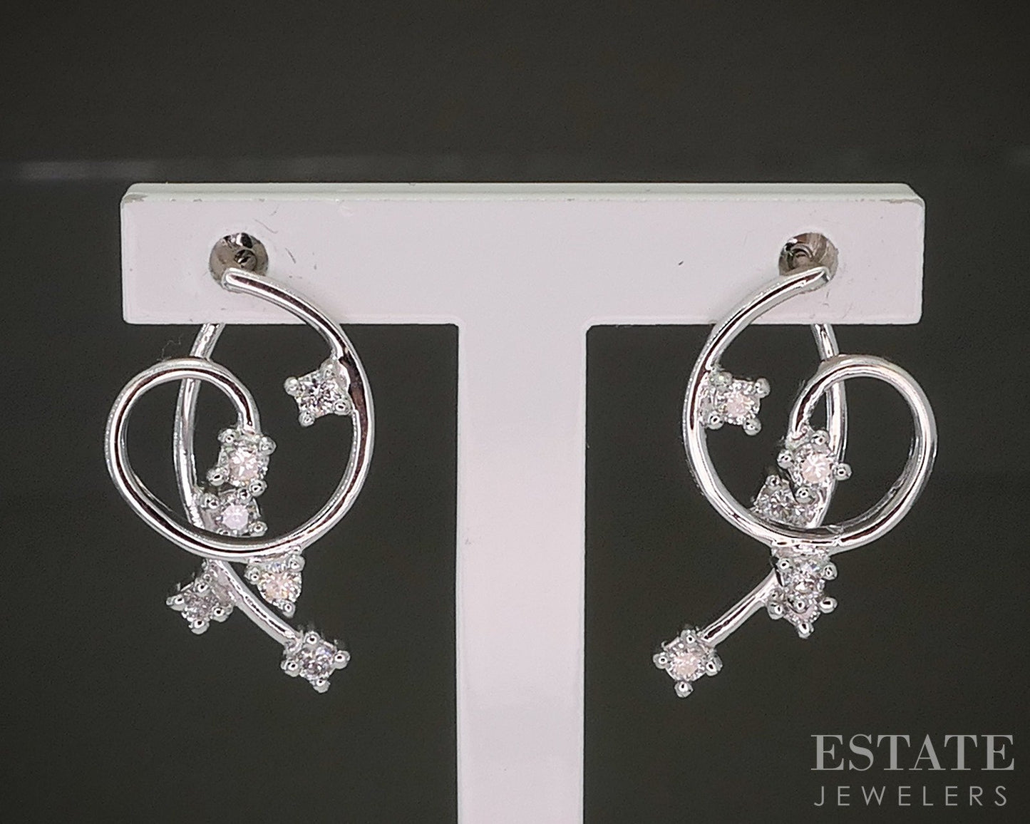 14k White Gold Natural .12ctw Diamond Scroll Drop Earrings 2.3g p23193