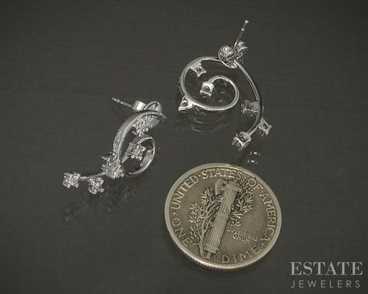 14k White Gold Natural .12ctw Diamond Scroll Drop Earrings 2.3g p23193