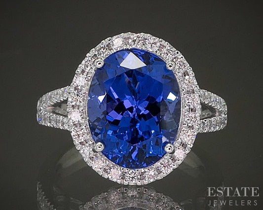 Platinum Oval Natural 4.5ct Tanzanite & Diamond Halo Cocktail Ring 7.9g p23064