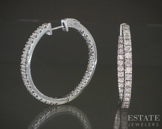 14k White Gold Round Natural 3ctw Diamond Inside Out Hoop Earrings 11.5g p23711
