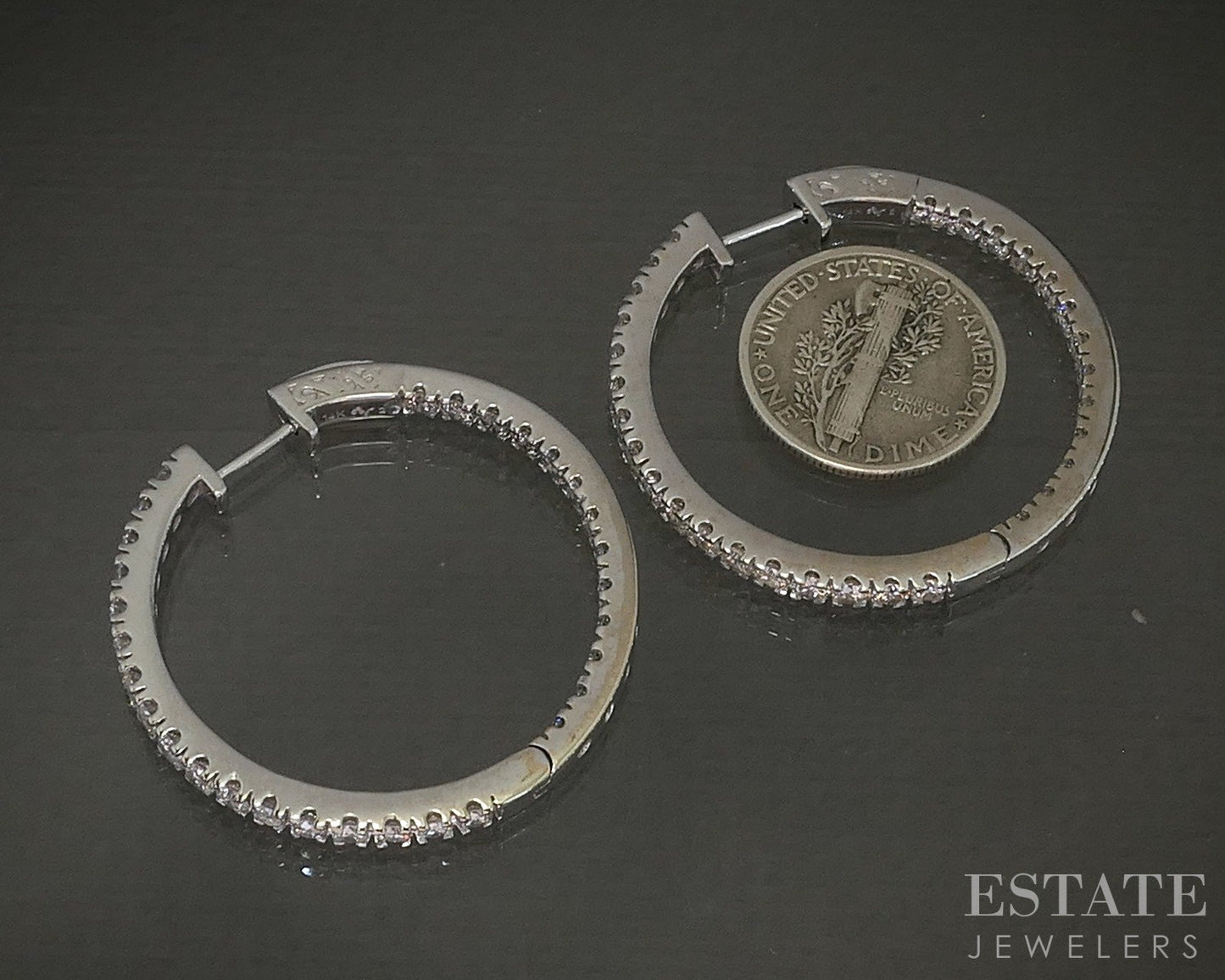 14k White Gold Round Natural 3ctw Diamond Inside Out Hoop Earrings 11.5g p23711