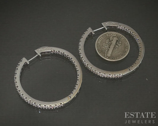 14k White Gold Round Natural 3ctw Diamond Inside Out Hoop Earrings 11.5g p23711