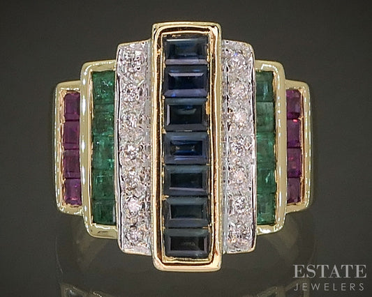 18k Yellow Gold Natural Multi Gem & Diamond Square Step Band 9.4g p23222