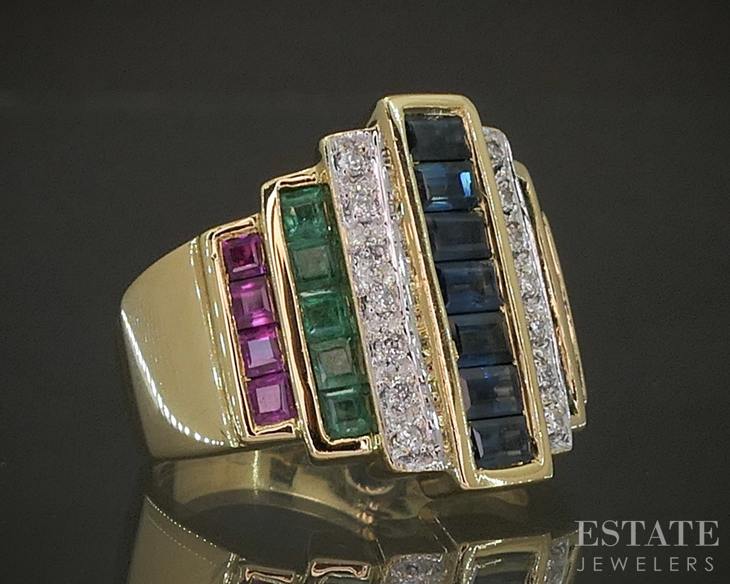 18k Yellow Gold Natural Multi Gem & Diamond Square Step Band 9.4g p23222