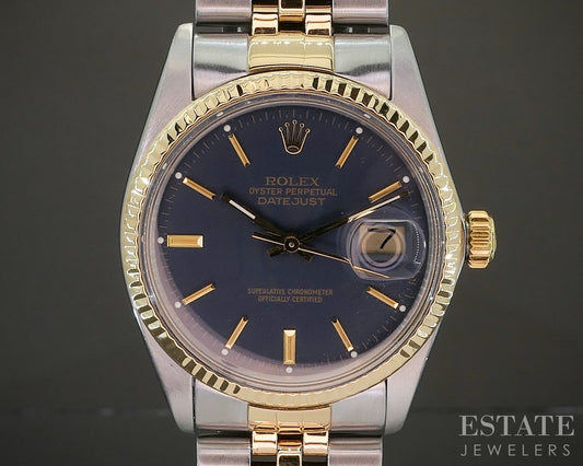 1984 Rolex Datejust 16013 Two Tone Blue Stick Dial 36mm Watch p25290