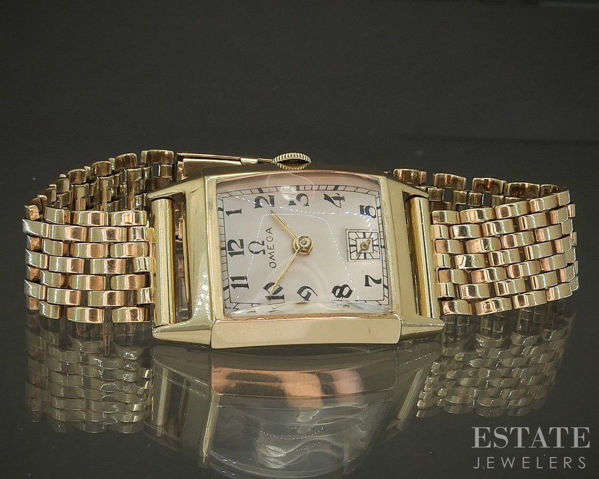 1944 14k Yellow Gold Omega JB Champion Beads of Rice Bracelet Mens Watch p24776
