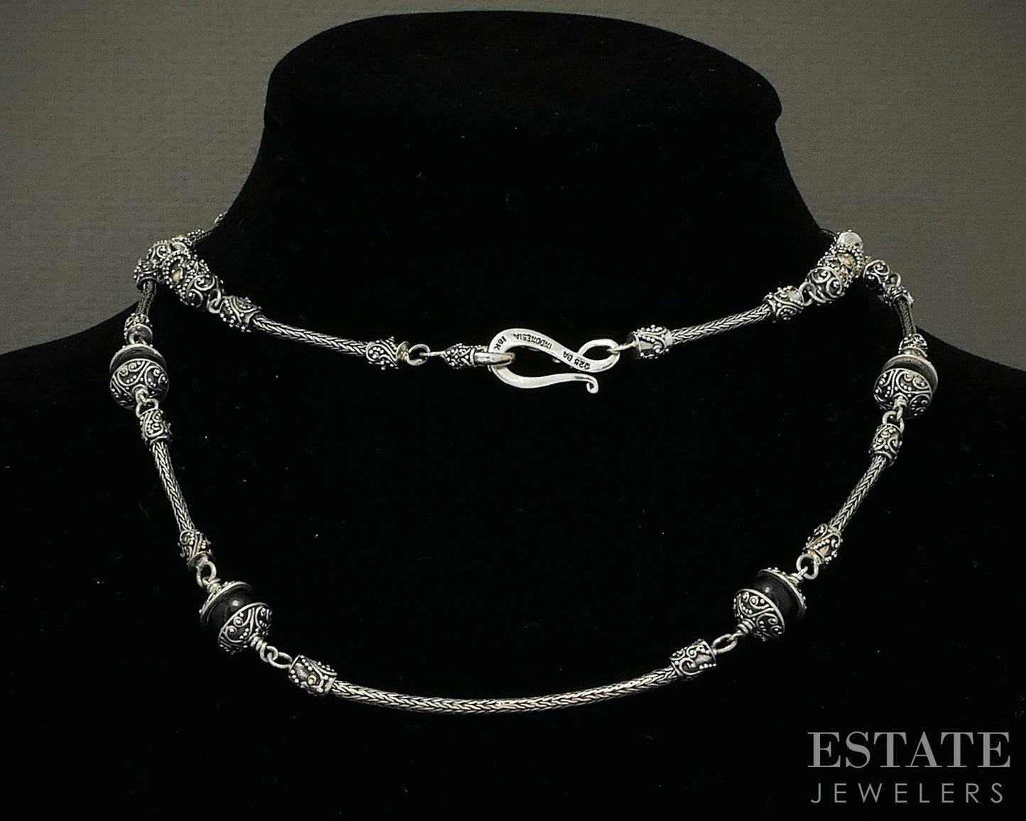 18k & Sterling BA Bali Suarti Black Onyx Beaded Chain Necklace 54g 31"L p26613