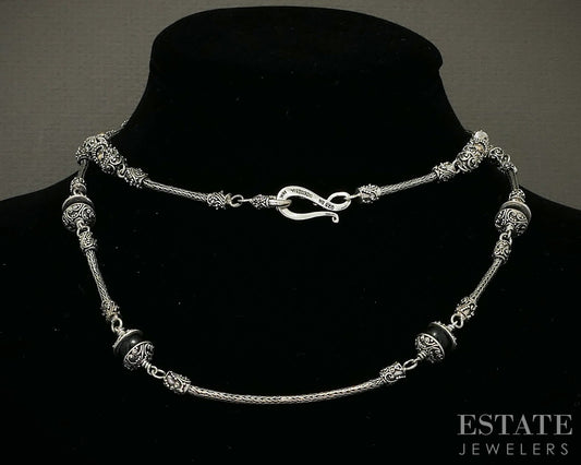 18k & Sterling BA Bali Suarti Black Onyx Beaded Chain Necklace 54g 31"L p26613