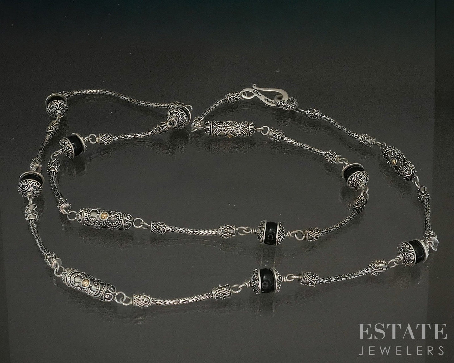 18k & Sterling BA Bali Suarti Black Onyx Beaded Chain Necklace 54g 31"L p26613