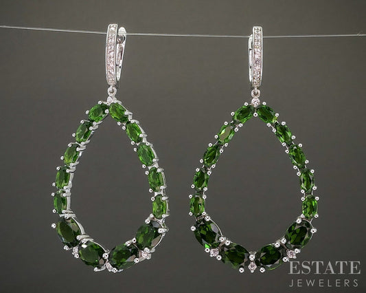 Sterling Natural Chrome Diopside & White Sapphire Teardrop Earrings 9.7g p26616