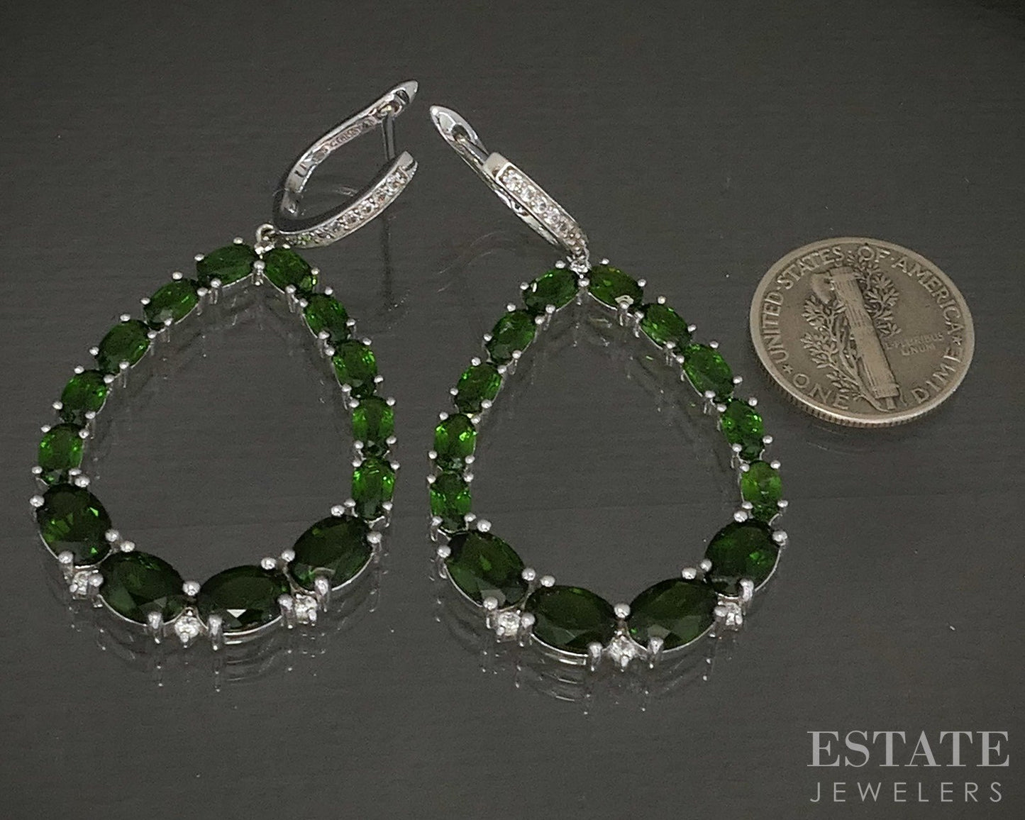 Sterling Natural Chrome Diopside & White Sapphire Teardrop Earrings 9.7g p26616