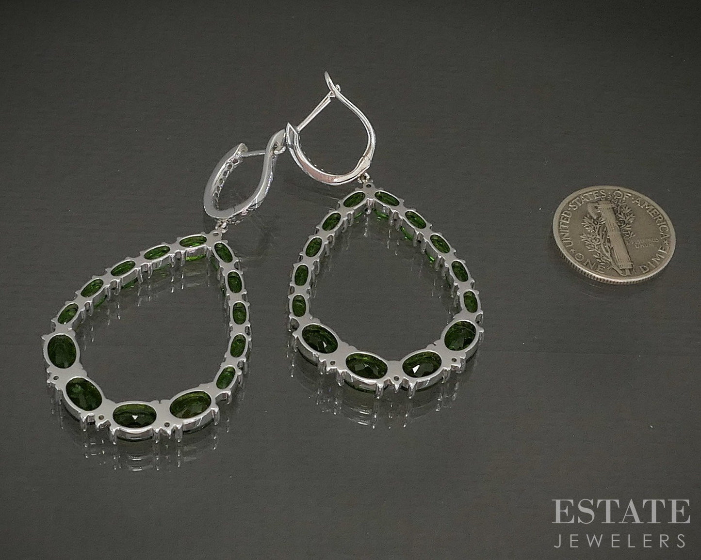 Sterling Natural Chrome Diopside & White Sapphire Teardrop Earrings 9.7g p26616