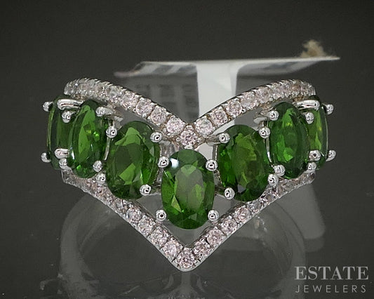 Sterling Natural Chrome Diopside & White Zircon Chevron Band Ring 5g p26638
