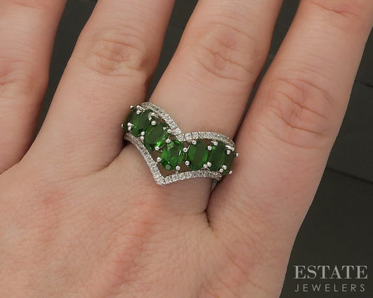 Sterling Natural Chrome Diopside & White Zircon Chevron Band Ring 5g p26638