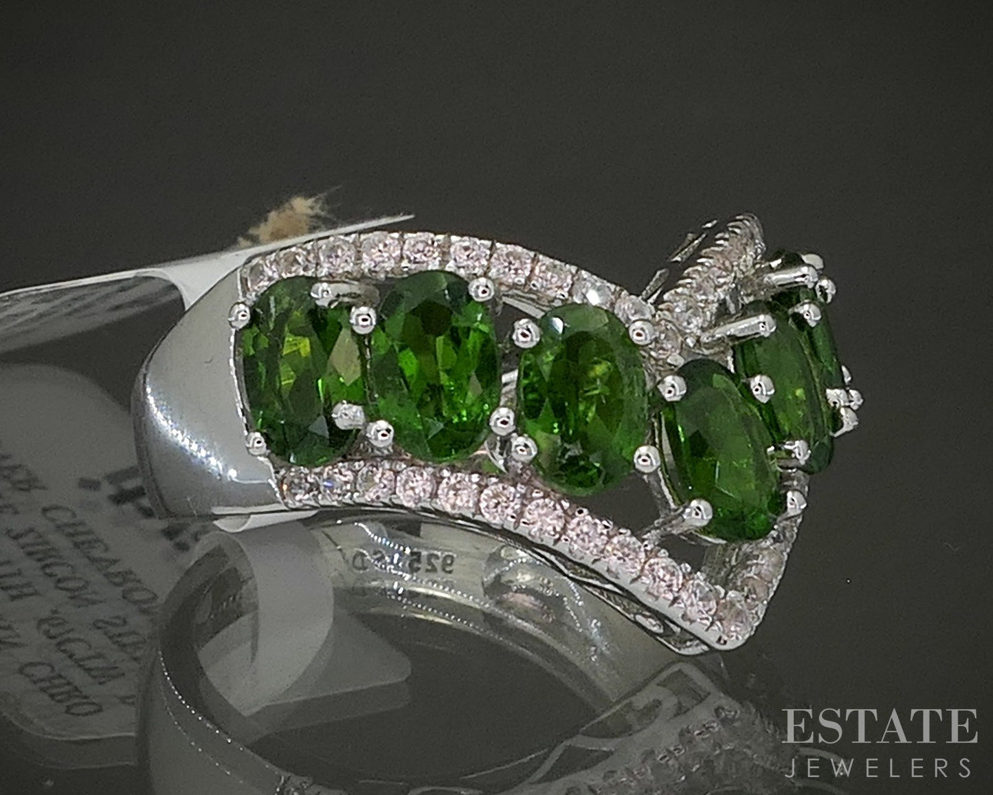 Sterling Natural Chrome Diopside & White Zircon Chevron Band Ring 5g p26638