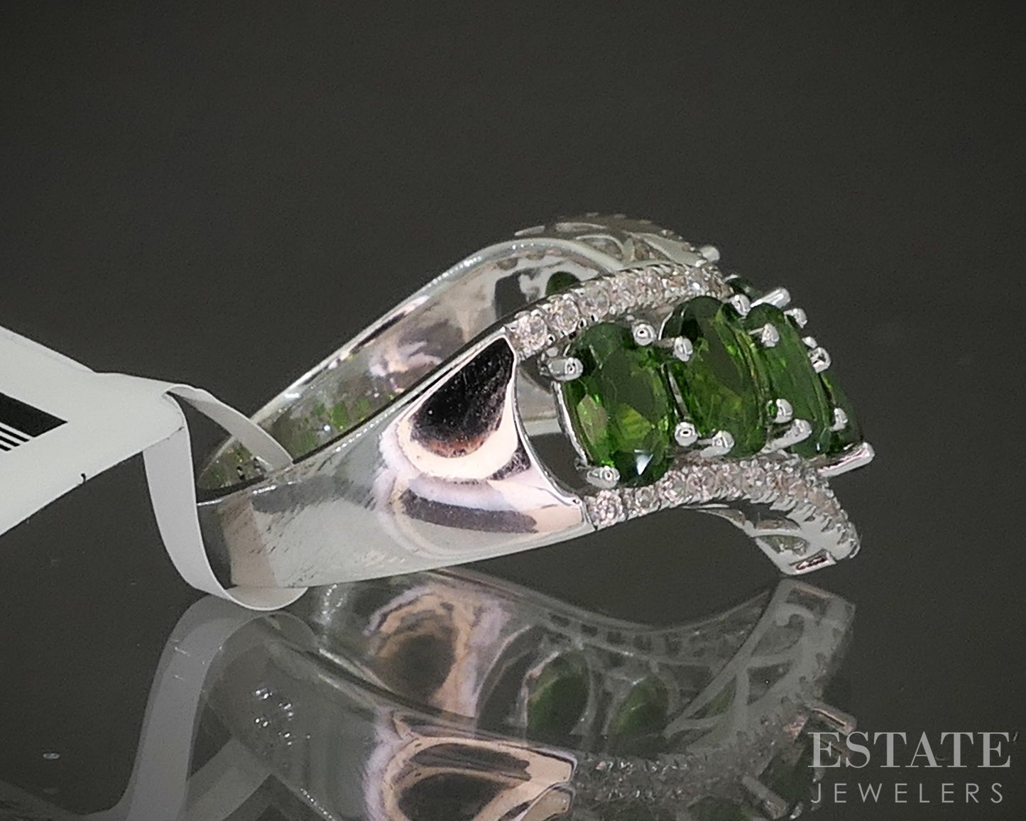 Sterling Natural Chrome Diopside & White Zircon Chevron Band Ring 5g p26638