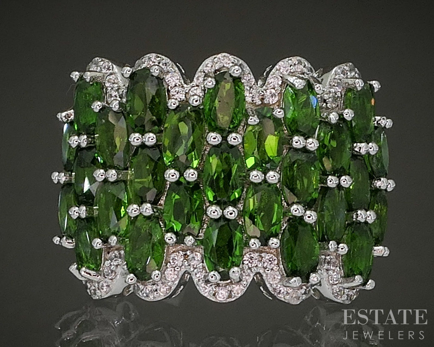 Sterling Natural Chrome Diopside & White Zircon Band Ring 7.9g p26642