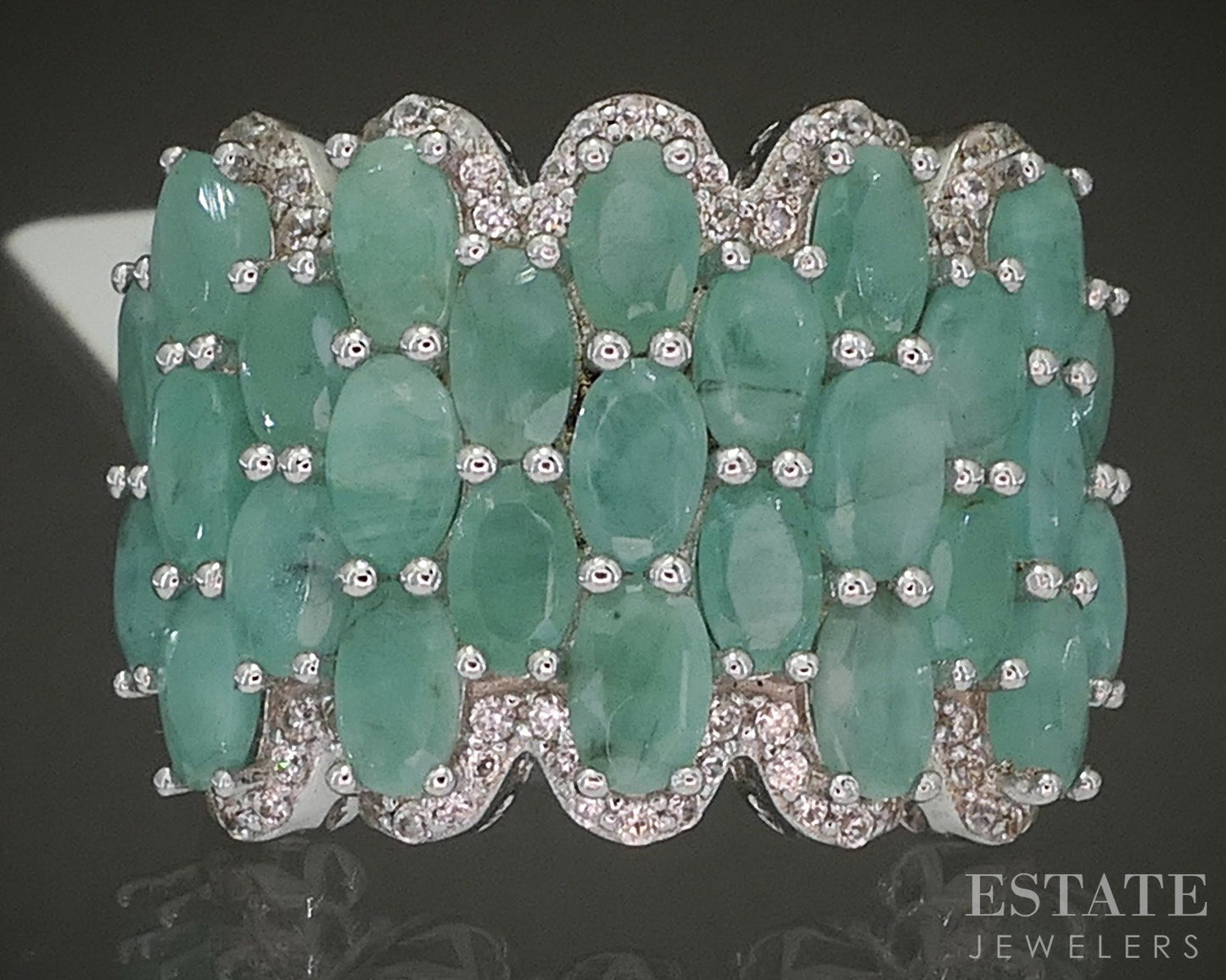Sterling Natural Emerald & White Zircon Cocktail Band Ring 7.3g p26643