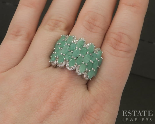 Sterling Natural Emerald & White Zircon Cocktail Band Ring 7.3g p26643