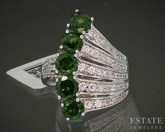 Sterling Natural Chrome Diopside & White Zircon Band Ring 7.2g p26646