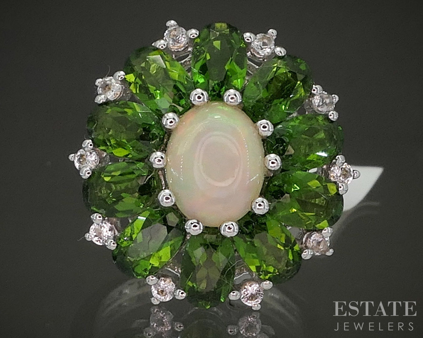 Sterling Natural Opal Chrome Diopside & White Zircon Cocktail Ring 5.9g p26647