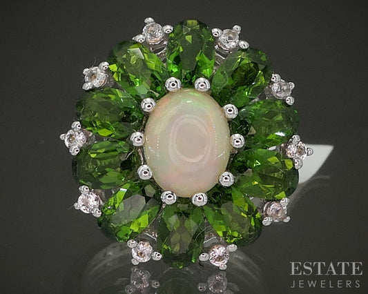 Sterling Natural Opal Chrome Diopside & White Zircon Cocktail Ring 5.9g p26647