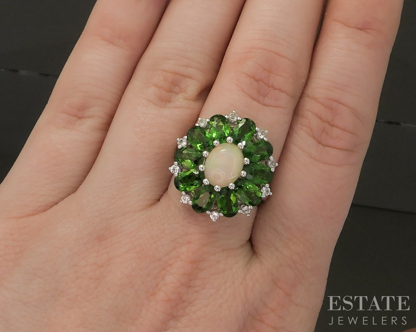 Sterling Natural Opal Chrome Diopside & White Zircon Cocktail Ring 5.9g p26647