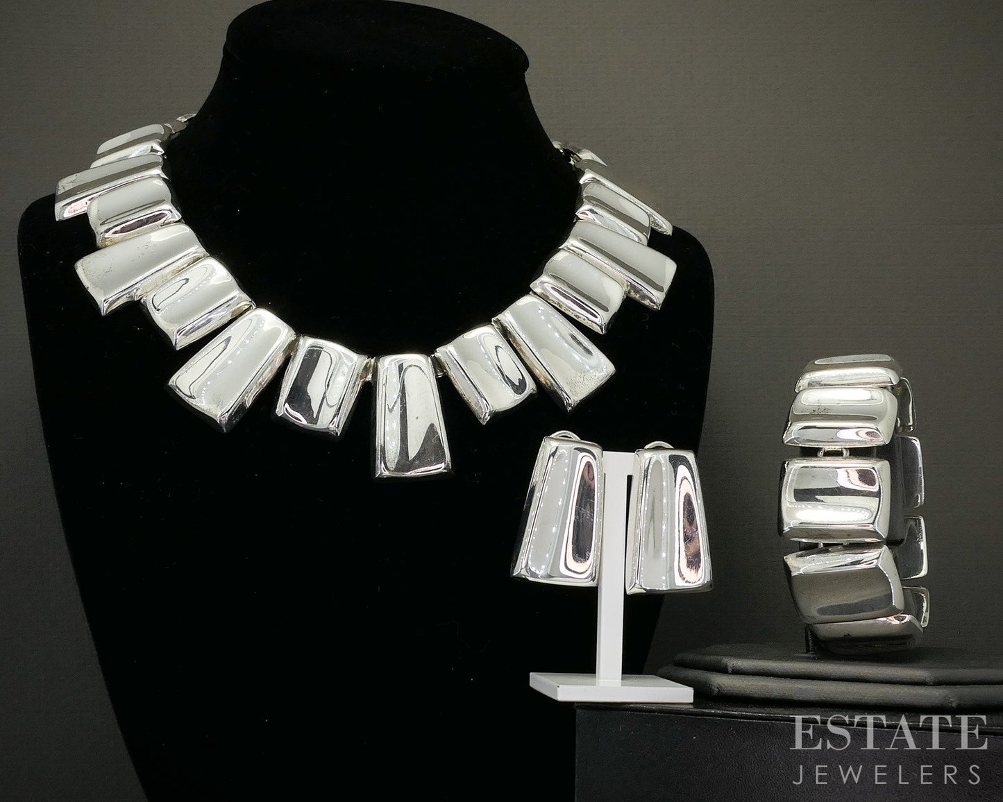 Vintage Sterling Mexico Panel Link Signed JG Jewelry Set 206g p26652