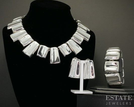 Vintage Sterling Mexico Panel Link Signed JG Jewelry Set 206g p26652