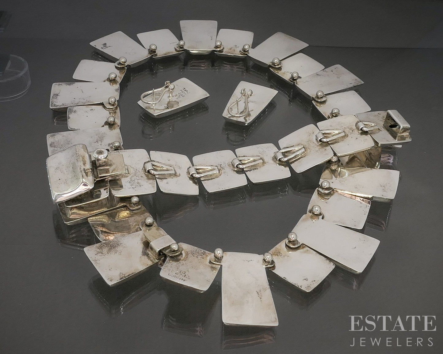 Vintage Sterling Mexico Panel Link Signed JG Jewelry Set 206g p26652