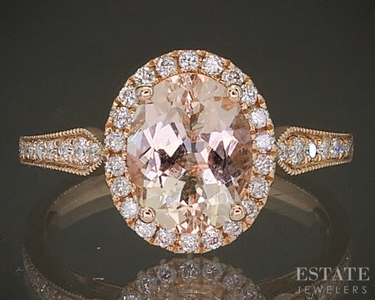 14k Rose Gold Oval Natural Morganite & Diamond Halo Ladies Ring 3.2g p23040