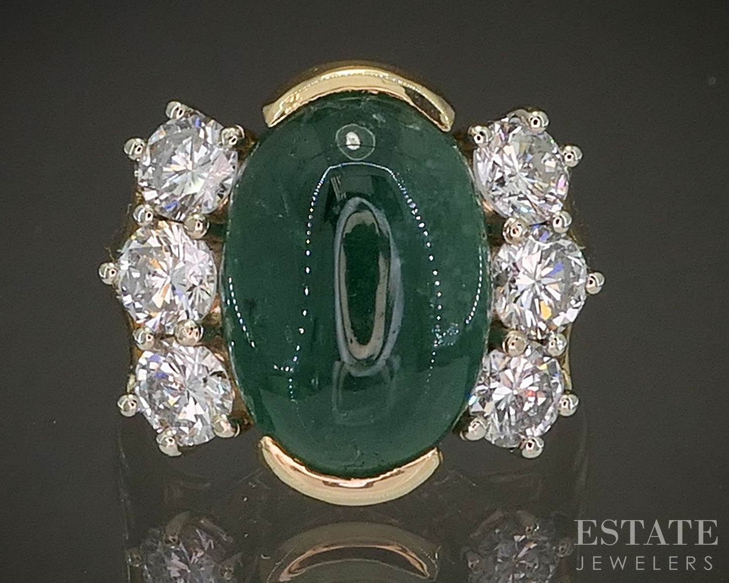18k Yellow Gold Cabochon Natural Emerald & 1.20ctw Diamond Ring 8.9g p23575
