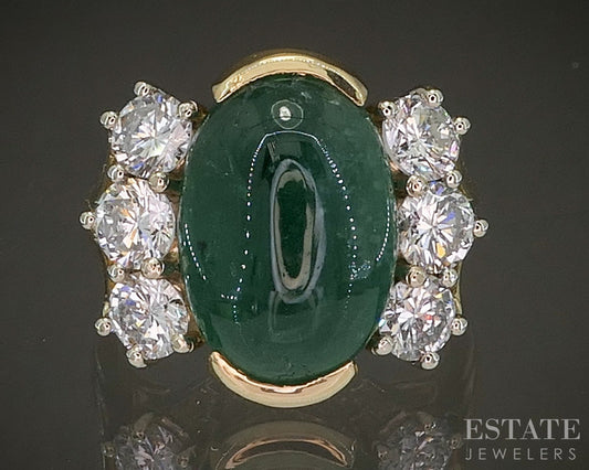 18k Yellow Gold Cabochon Natural Emerald & 1.20ctw Diamond Ring 8.9g p23575