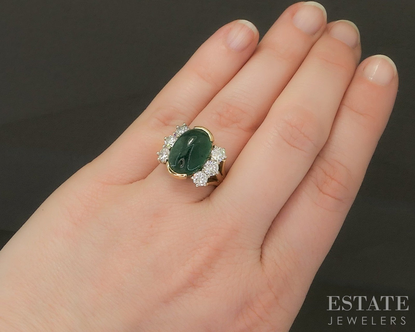 18k Yellow Gold Cabochon Natural Emerald & 1.20ctw Diamond Ring 8.9g p23575