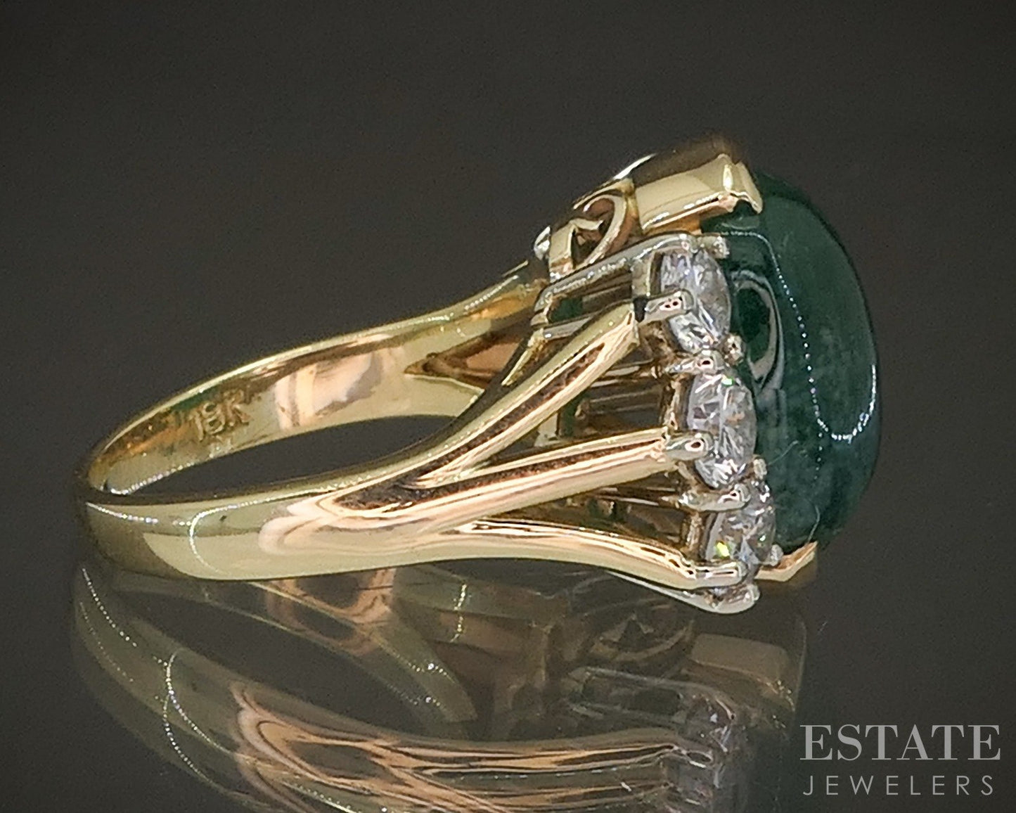18k Yellow Gold Cabochon Natural Emerald & 1.20ctw Diamond Ring 8.9g p23575