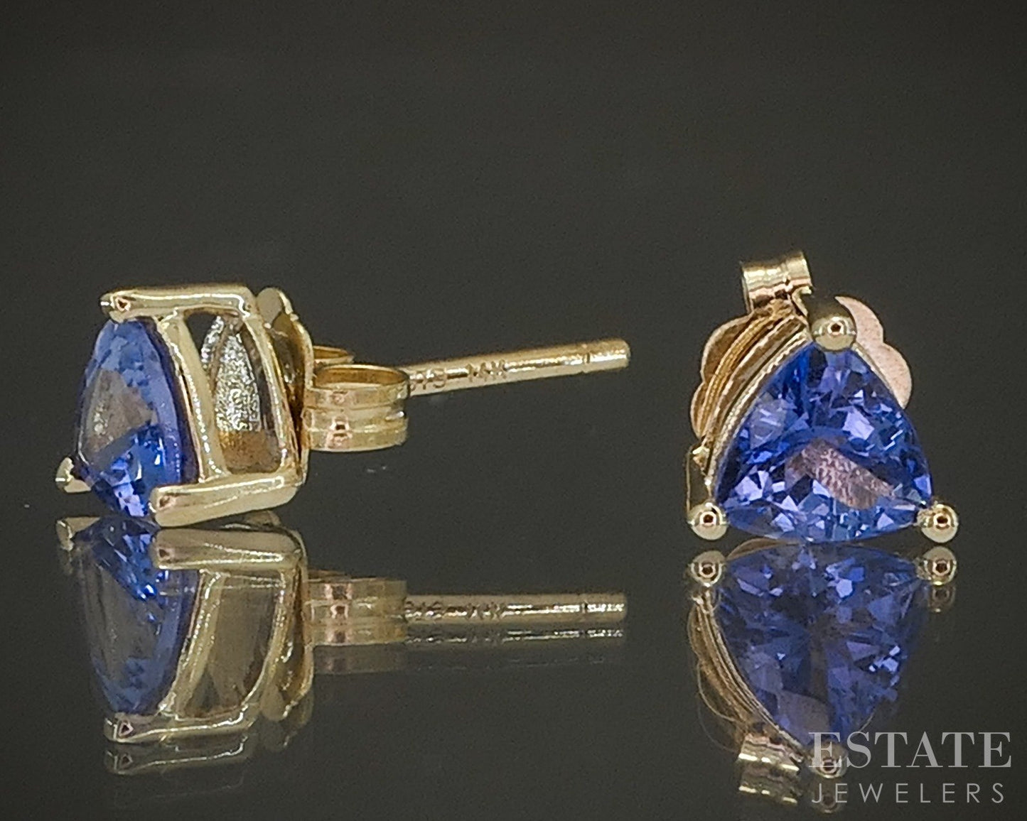 14k Yellow Gold Trillion Natural Tanzanite Stud Earrings 0.8g p24063