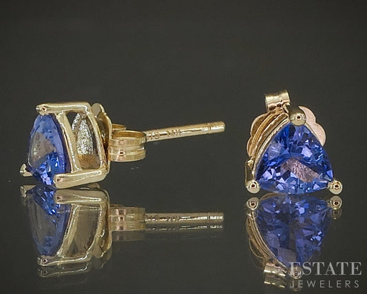 14k Yellow Gold Trillion Natural Tanzanite Stud Earrings 0.8g p24063