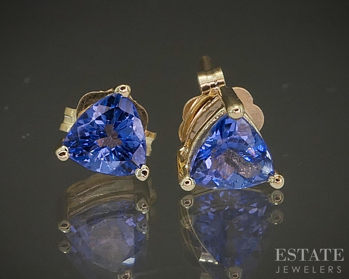 14k Yellow Gold Trillion Natural Tanzanite Stud Earrings 0.8g p24063