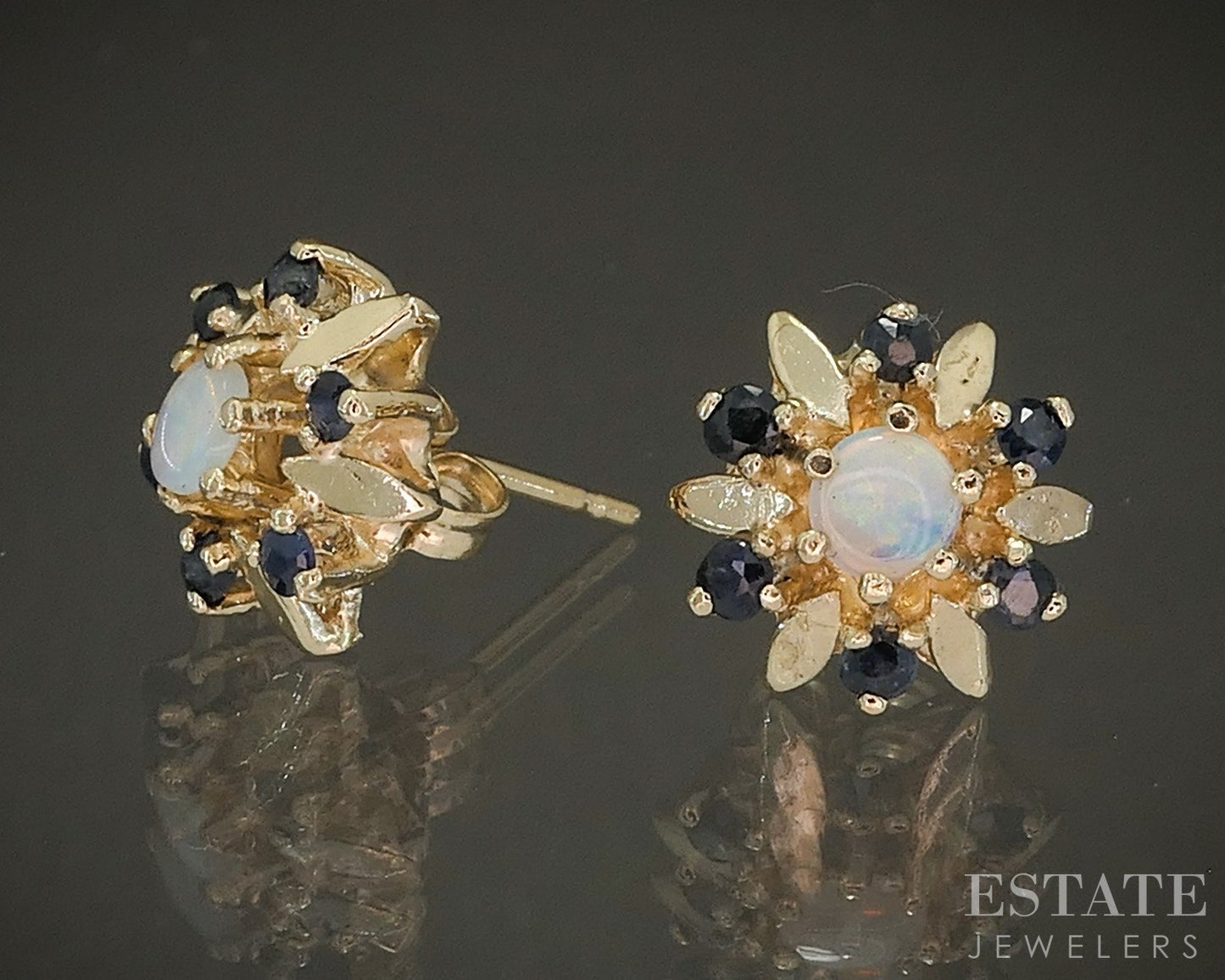 14k Yellow Gold Natural Opal & Blue Sapphire Starburst Stud Earrings 3.3g p24144