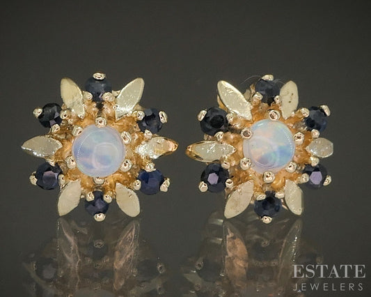 14k Yellow Gold Natural Opal & Blue Sapphire Starburst Stud Earrings 3.3g p24144