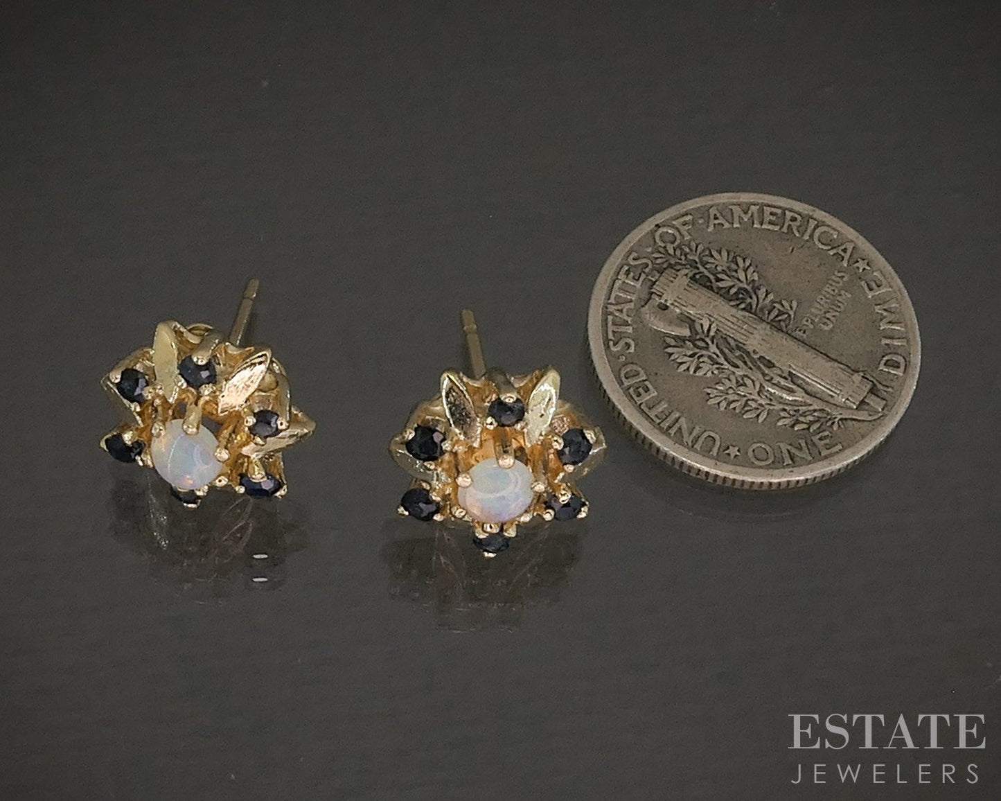 14k Yellow Gold Natural Opal & Blue Sapphire Starburst Stud Earrings 3.3g p24144